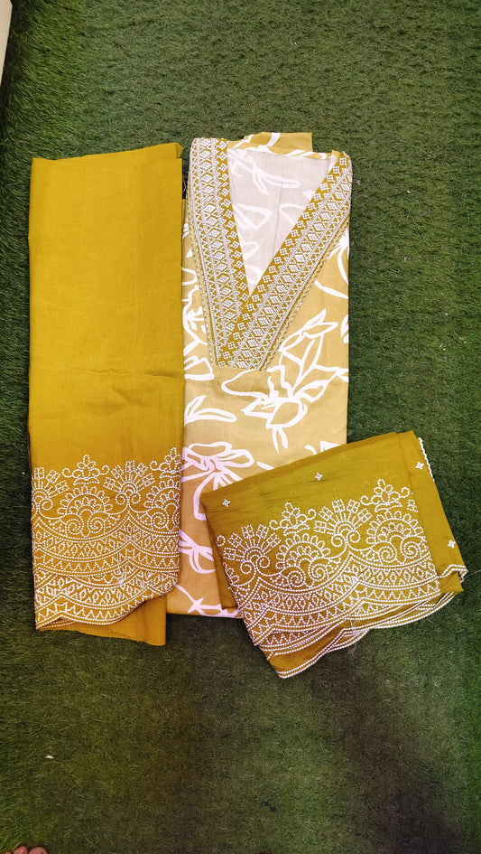 Green Cotton Embroidered Chikankari Suit